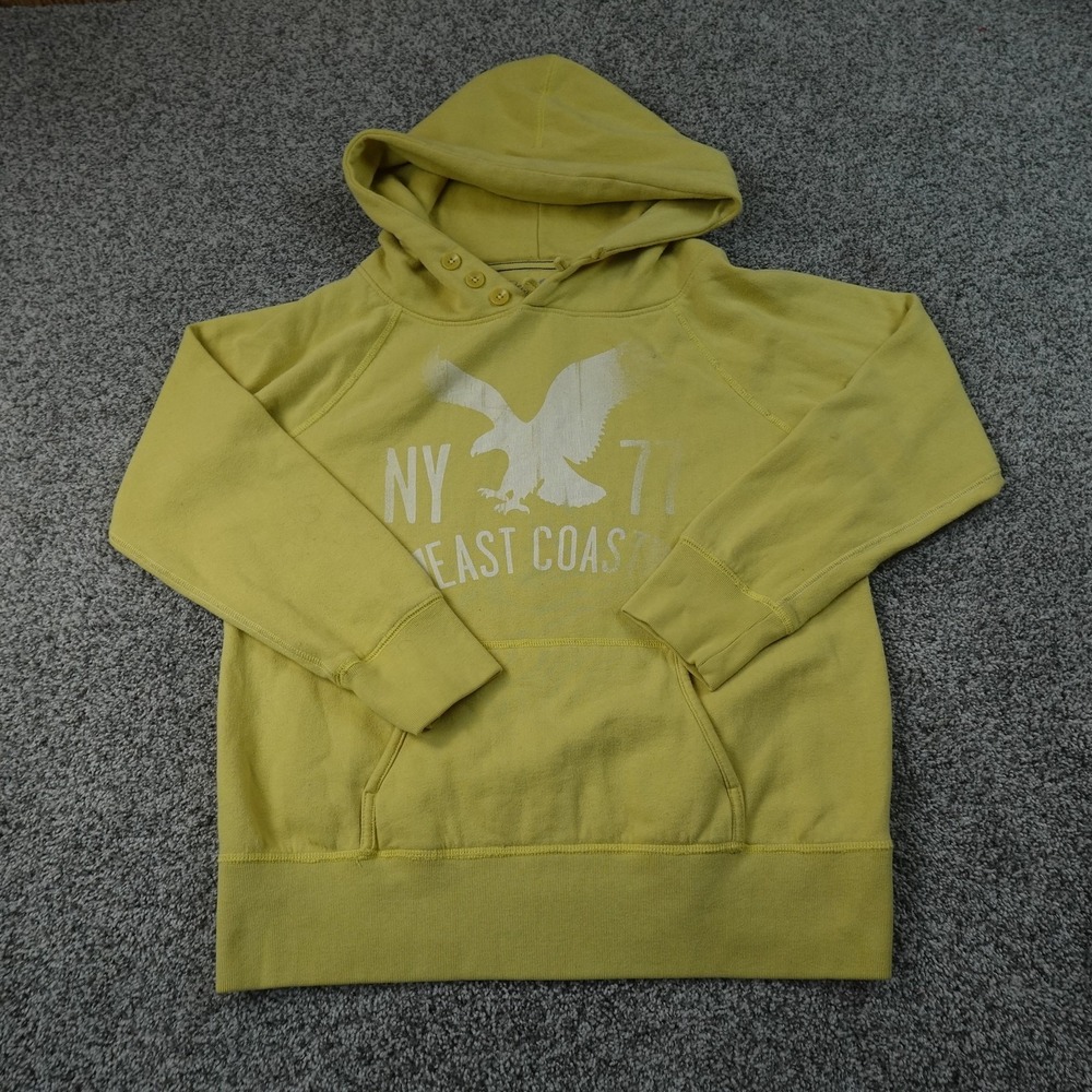 American Eagle Hoodie Womens L Yellow Graphic Pullover Fleece Sweatshirt Y2K 00s
